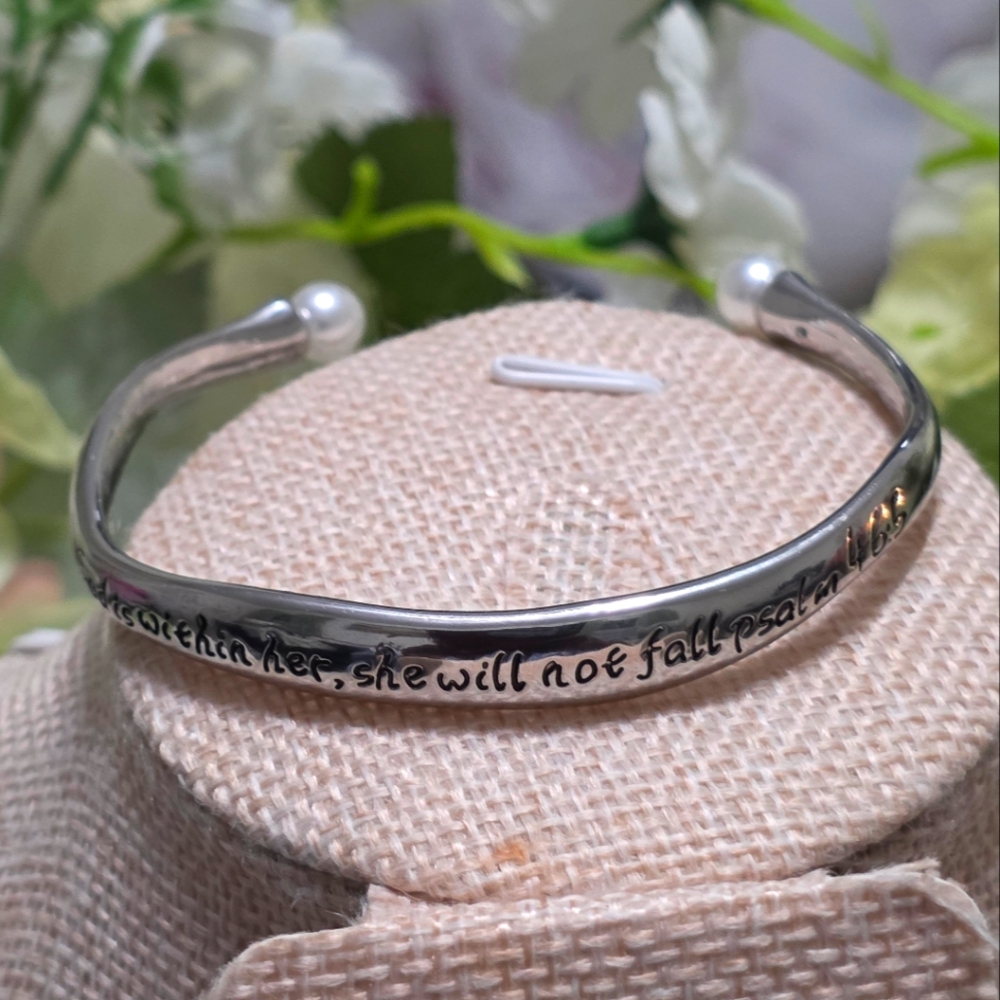 Silver-Tone Inspirational Cuff Bracelet with Pearl End Caps
